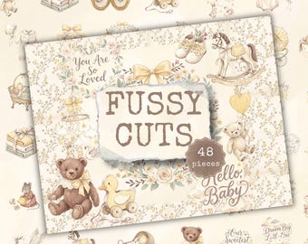 Puede incluir: Un conjunto de 48 recortes de papel con ilustraciones de estilo vintage de ositos de peluche, caballitos de madera, zapatos de bebé y motivos florales en tonos crema y marrón. El texto central dice FUSSY CUTS y Hello Baby, con You Are So Loved.