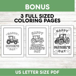 Puede incluir: Tres p&aacute;ginas para colorear en blanco y negro con tractores y el texto "Feliz D&iacute;a del Padre", "Feliz D&iacute;a del Abuelo" y "Feliz D&iacute;a del Padre".