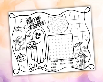 Peut inclure: Feuille d'activité d'Halloween en noir et blanc avec un fantôme tenant une citrouille, un chat avec un chapeau de sorcière et un labyrinthe. Comprend une recherche de mots, un morpion et le texte "Happy Halloween".