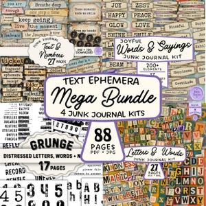 Puede incluir: Un collage de efímeras digitales para diarios basura, con texto, números y varias palabras y frases. Incluye múltiples kits con elementos como letras y palabras desgastadas. El mega paquete ofrece 88 páginas de archivos PDF y JPG.