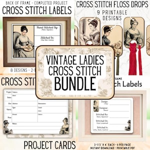May include: A printable cross stitch bundle featuring vintage ladies cross stitch patterns. The bundle includes 8 designs, 9 printable floss drop designs, and project cards. The project cards are 3-1/3 inches by 4 inches and include space for project details like the pattern, fabric, floss, and notes.