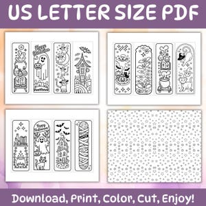 Puede incluir: Marcadores imprimibles en blanco y negro con tem&aacute;tica de Halloween. Los dise&ntilde;os incluyen un caldero, un fantasma, un gato, una casa embrujada y una momia. El texto "US LETTER SIZE PDF" y "Download, Print, Color, Cut, Enjoy!" son visibles.