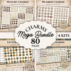 May include: A digital mega bundle of printable junk journal charms. The bundle includes 4 kits with nature, number, letter, and journal charms. The bundle contains 80 pages and over 750 vintage charms. The text on the image says "CHARMS Mega Bundle 80 PAGES".