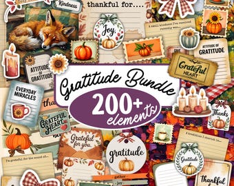 Può includere: Un collage di elementi a tema autunnale, tra cui zucche, candele e fiocchi. Il testo "Gratitude Bundle" è in evidenza, con "200+ elementi" sotto. Altri testi includono "Gioia", "Gentilezza" e "Grato per oggi."