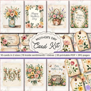 May include: A set of Mother's Day card designs with floral illustrations and the text "Happy Mother's Day". The cards showcase bouquets and arrangements. The kit includes 10 cards in 2 sizes, 13 sentiments, and 33 printable PDF and JPG pages.