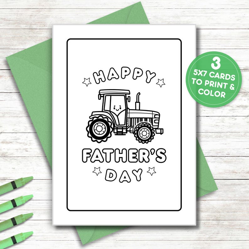 Puede incluir: Tarjeta para colorear imprimible en blanco y negro con un tractor y el texto "Feliz D&iacute;a del Padre".