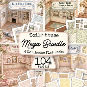 以下が含まれることがあります： ドールハウス用フラットパック4種、合計104ページを含むToile House Mega Bundle。Blue Toile House、Sage Toile Garden Room、Pink Toile、イエローの部屋のセットで、壁パネル、ラグ、装飾品が印刷されています。