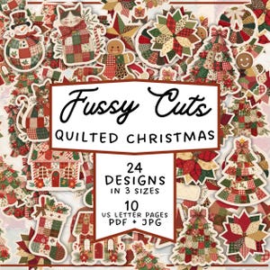 Puede incluir: Una colección de recortes minuciosos con temática navideña y diseño acolchado. La imagen presenta varias formas festivas, incluyendo gatos, hombres de jengibre, casas y árboles de Navidad. El texto en la imagen dice "Fussy Cuts QUILTED CHRISTMAS" y detalles sobre los diseños.