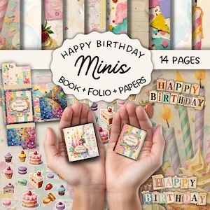 Puede incluir: Una colección de manualidades de papel con temática de cumpleaños, que incluye minilibros, folios y papeles decorativos. La imagen presenta el texto "Happy Birthday Minis" y "14 Pages". La paleta de colores incluye rosas, azules y amarillos pastel, con ilustraciones de pasteles y velas.