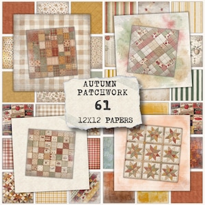 Könnte beinhalten: Eine Sammlung von 61 digitalen Papieren mit dem Titel Autumn Patchwork 12x12 Papers, die verschiedene quadratische Muster mit Patchwork-Designs, Karos, Vichy-Karo und Apfelmotiven in warmen Orange-, Rot-, Grün- und Cremetönen für Bastelarbeiten zeigt.