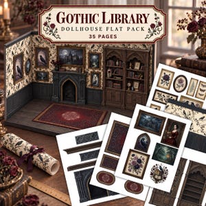 Op de afbeelding: Een Gothic Library poppenhuis bouwpakket bestaande uit 35 pagina's met bedrukte onderdelen. De set bevat vellen met illustraties van een open haard, boekenplanken, ingelijste kunst, behang met patroon, een tapijt en een opgerolde papieren rol.