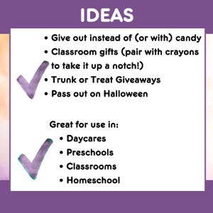 Puede incluir: Un letrero rectangular blanco con la palabra "IDEAS" en la parte superior. El letrero enumera ideas para usar en guarder&iacute;as, preescolares, aulas y escuelas en casa. Sugiere dar regalos en lugar de dulces.