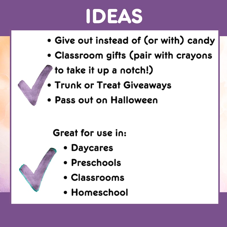 Puede incluir: Un letrero rectangular blanco con la palabra "IDEAS" en la parte superior. El letrero enumera ideas para usar en guarder&iacute;as, preescolares, aulas y escuelas en casa. Sugiere dar regalos en lugar de dulces.