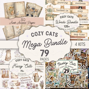 May include: A digital scrapbooking mega bundle featuring 79 pages of cat-themed junk journal elements, 125 words and phrases, 75 fussy cut stickers, and 29 shabby cat cutouts. The collection includes illustrations of cats, floral motifs, and vintage paper textures.