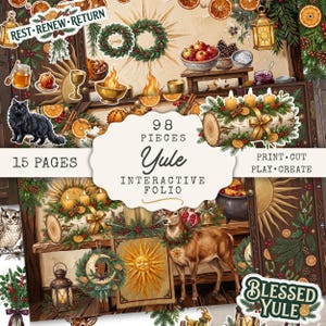 May include: A 98-piece Yule interactive folio set featuring 15 pages of printable holiday illustrations including a black cat, a deer, a yule log with candles, lanterns, sun symbols, wreaths, and seasonal fruits like oranges and apples.