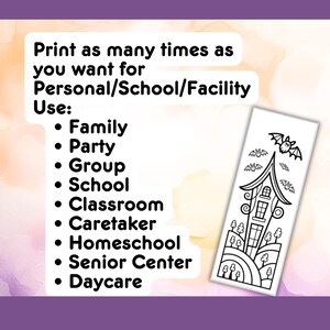 Puede incluir: Un marcap&aacute;ginas blanco con una ilustraci&oacute;n en blanco y negro de una casa con murci&eacute;lagos. El texto de la izquierda dice: "Imprime tantas veces como quieras para uso personal/escolar/de la instalaci&oacute;n: Familia, Fiesta, Grupo, Escuela, Aula, Cuidador, Escuela en casa, Centro de mayores, Guarder&iacute;a."