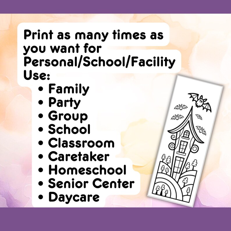 Puede incluir: Un marcap&aacute;ginas blanco con una ilustraci&oacute;n en blanco y negro de una casa con murci&eacute;lagos. El texto de la izquierda dice: "Imprime tantas veces como quieras para uso personal/escolar/de la instalaci&oacute;n: Familia, Fiesta, Grupo, Escuela, Aula, Cuidador, Escuela en casa, Centro de mayores, Guarder&iacute;a."