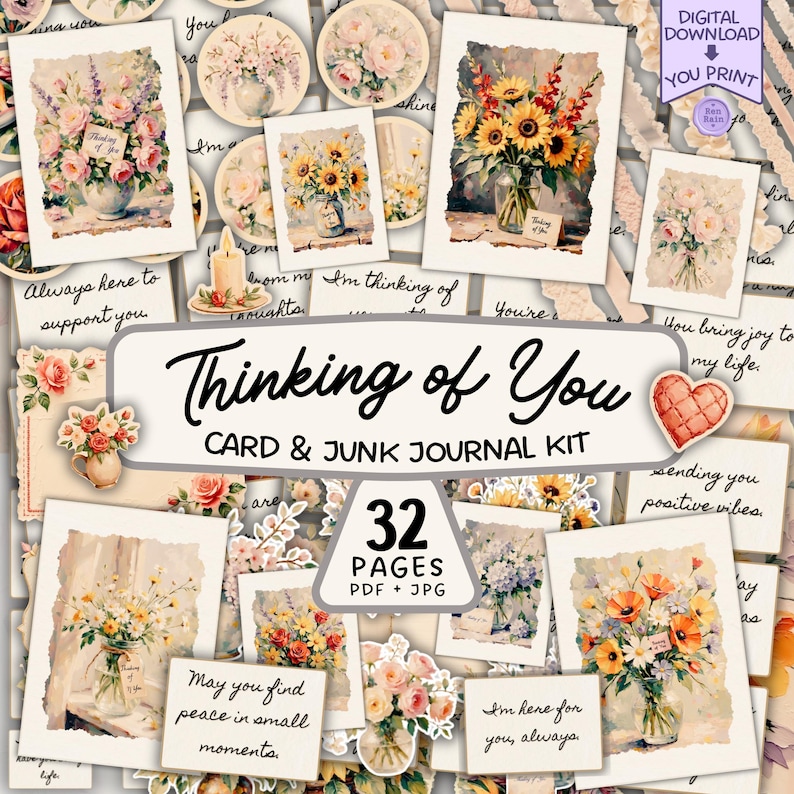 Thinking of You Card Kit, Floral Ephemera, Sympathy Cards (32 Page PDF ...