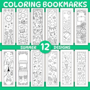 Summer Coloring Bookmarks | Printable Kids Activity | 12 Designs Front & Back  (PDF Download)