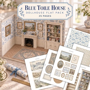 Può includere: Un kit per casa delle bambole Blue Toile House da 25 pagine stampabili. Include fogli con carta da parati in miniatura, murales, tappeti, opere d'arte e librerie, insieme a una stanza per casa delle bambole finita.