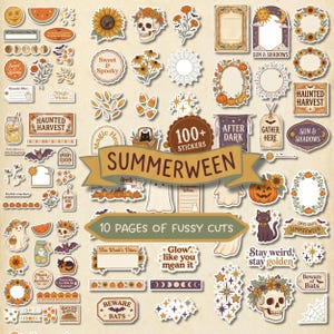 May include: A collection of over 100 stickers featuring autumn and Halloween themes, including skulls with floral crowns, pumpkins, sunflowers, ghosts, black cats, spider webs, stars, and various labels with text like Summerween and Haunted Harvest.