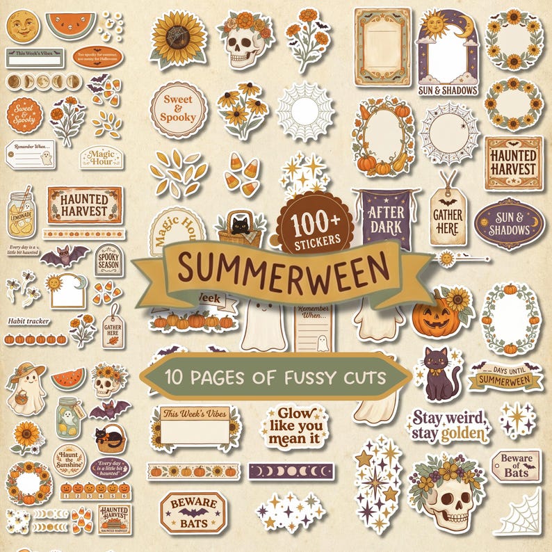 May include: A collection of over 100 stickers featuring autumn and Halloween themes, including skulls with floral crowns, pumpkins, sunflowers, ghosts, black cats, spider webs, stars, and various labels with text like Summerween and Haunted Harvest.