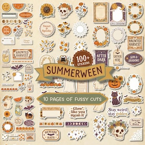 May include: A collection of over 100 die-cut stickers featuring Halloween and autumn themes, including skulls with flower crowns, pumpkins, sunflowers, ghosts, black cats, spider webs, stars, and various labels with text like Summerween and Haunted Harvest.
