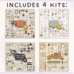 May include: A set of four paper craft kits labeled INCLUDES 4 KITS, featuring Cottage Witch, Haunted Party, Parlor Haunt, and Summerween themes. Each kit contains 10 pages of assorted die-cut stickers, including skulls, ghosts, moths, and botanical elements.
