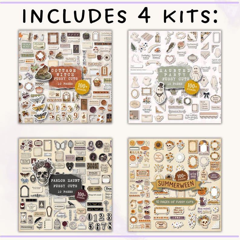 May include: A set of four paper craft kits labeled INCLUDES 4 KITS, featuring Cottage Witch, Haunted Party, Parlor Haunt, and Summerween themes. Each kit contains 10 pages of assorted die-cut stickers, including skulls, ghosts, moths, and botanical elements.