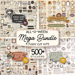 May include: A digital collection of 500+ stickers across 4 fussy cut kits titled All-O-Ween Mega Bundle. The set includes various Halloween-themed illustrations like skulls, ghosts, pumpkins, cats, and floral frames, along with text labels and decorative borders on a cream background.