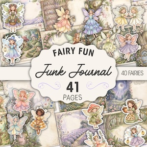 Könnte beinhalten: Ein digitales Junk-Journal-Set mit dem Titel Fairy Fun mit 41 Seiten und 40 Feen. Die Sammlung enthält verschiedene Illustrationen von Feen mit Flügeln in bunten Kleidern, Waldszenen, Pilzhäusern und Hintergründen mit linierten Seiten.