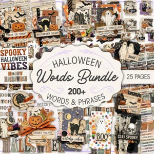 May include: A Halloween-themed bundle featuring various scrapbook elements. The image showcases cards with pumpkins, ghosts, and cats, along with phrases like "Spooky Halloween Vibes" and "Halloween Words Bundle". The color palette includes orange, black, and white.