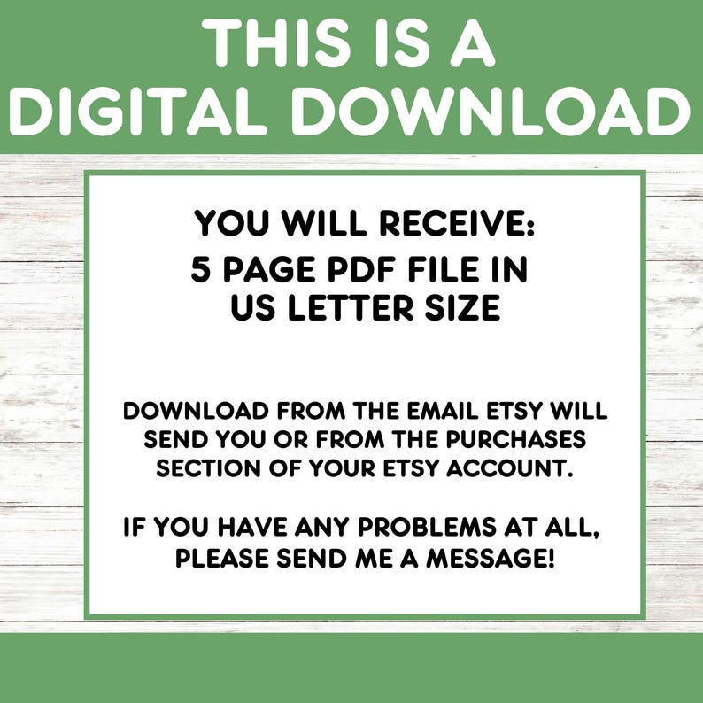 Puede incluir: Un anuncio de descarga digital verde y blanco. El texto dice: "Esto es una descarga digital. Recibir&aacute;s: 5 archivos PDF en tama&ntilde;o carta de EE. UU. Descarga desde el correo electr&oacute;nico que Etsy te enviar&aacute; o desde la secci&oacute;n de compras de tu cuenta de Etsy. Si tienes alg&uacute;n problema, &iexcl;env&iacute;ame un mensaje!"