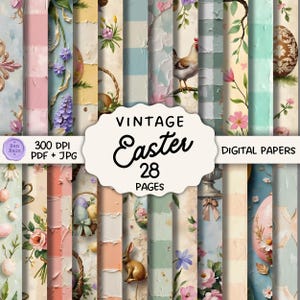 May include: A collection of 28 digital papers with a vintage Easter theme. The papers feature pastel colors, floral patterns, Easter eggs, and a hen. The image includes the text "Vintage Easter" and "Digital Papers".