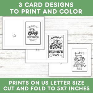 Puede incluir: Tres tarjetas para colorear imprimibles que muestran un tractor con el texto "Feliz D&iacute;a del Padre" y "Feliz D&iacute;a del Abuelo". Las tarjetas est&aacute;n dise&ntilde;adas para ser cortadas y dobladas a 5x7 pulgadas.