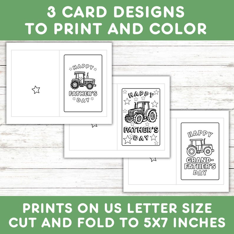 Puede incluir: Tres tarjetas para colorear imprimibles que muestran un tractor con el texto "Feliz D&iacute;a del Padre" y "Feliz D&iacute;a del Abuelo". Las tarjetas est&aacute;n dise&ntilde;adas para ser cortadas y dobladas a 5x7 pulgadas.