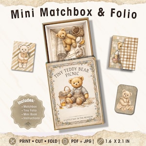 May include: A Mini Matchbox & Folio kit titled Tiny Teddy Bear Picnic, featuring a central matchbox, a tiny folio, and small cards with teddy bear illustrations. The set includes instructions and measures 1.6 x 2.1 inches, available as PDF and JPG.