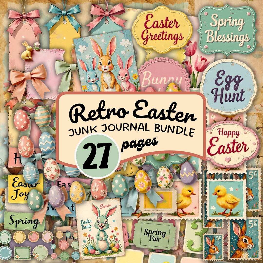 Retro Easter Ephemera Bundle • 27 Printable Junk Journal Pages (PDF ...