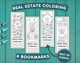 May include: Four black and white coloring bookmarks with real estate themes. Each bookmark features a different design: a house with flowers, a front door, a house with mushrooms, and a dog with a house. The text "Real Estate Coloring" is at the top.