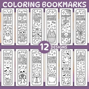 May include: A set of 12 printable colouring bookmarks featuring black and white line art with Halloween themes. Designs include a monster, mummy, bat, cupcake, spider, lollipop, ghost, pumpkin, skeleton, vampire, cauldron, and potion bottle with text.