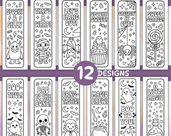 May include: A set of 12 printable coloring bookmarks featuring black and white line art with Halloween themes. Designs include a monster, mummy, bat, cupcake, spider, lollipop, ghost, pumpkin, skeleton, vampire, cauldron, and potion bottle with text.
