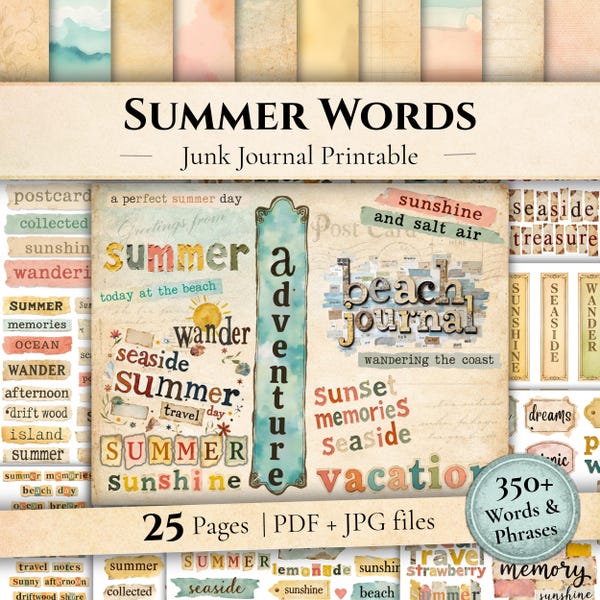Summer Words Junk Journal Kit | Vintage Seaside Ephemera (PDF + JPG Download)