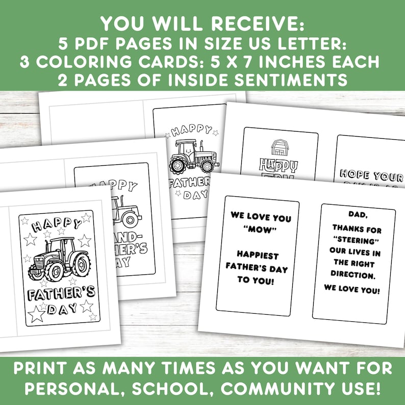 Puede incluir: Cinco p&aacute;ginas PDF imprimibles de tarjetas para colorear con tractores y el texto "Feliz D&iacute;a del Padre". Las tarjetas miden 5 x 7 pulgadas e incluyen dos p&aacute;ginas de sentimientos para el interior.