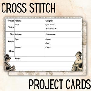 Cartões de Projetos de Ponto Cruz - Planejador de Costura para Imprimir - Organização de Bolsas de Projetos em Estilo Vintage Feminino - Acompanhe Facilmente Projetos de Bordado
