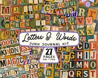 May include: A collage of colorful paper cutouts featuring letters and words. The image includes the text "Letters & Words Junk Journal Kit" and "27 Pages PDF + PNG". Various words like "Kindness", "Magic", and "Joy" are visible.