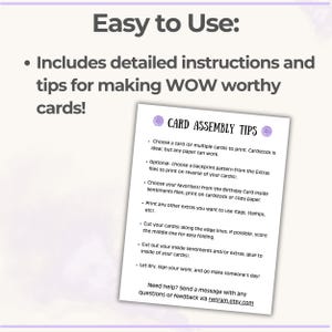 May include: Image with text: "Easy to Use: Includes detailed instructions and tips for making WOW worthy cards!" A white paper with "CARD ASSEMBLY TIPS" and instructions for card making. Includes instructions for printing, cutting, and assembling cards.