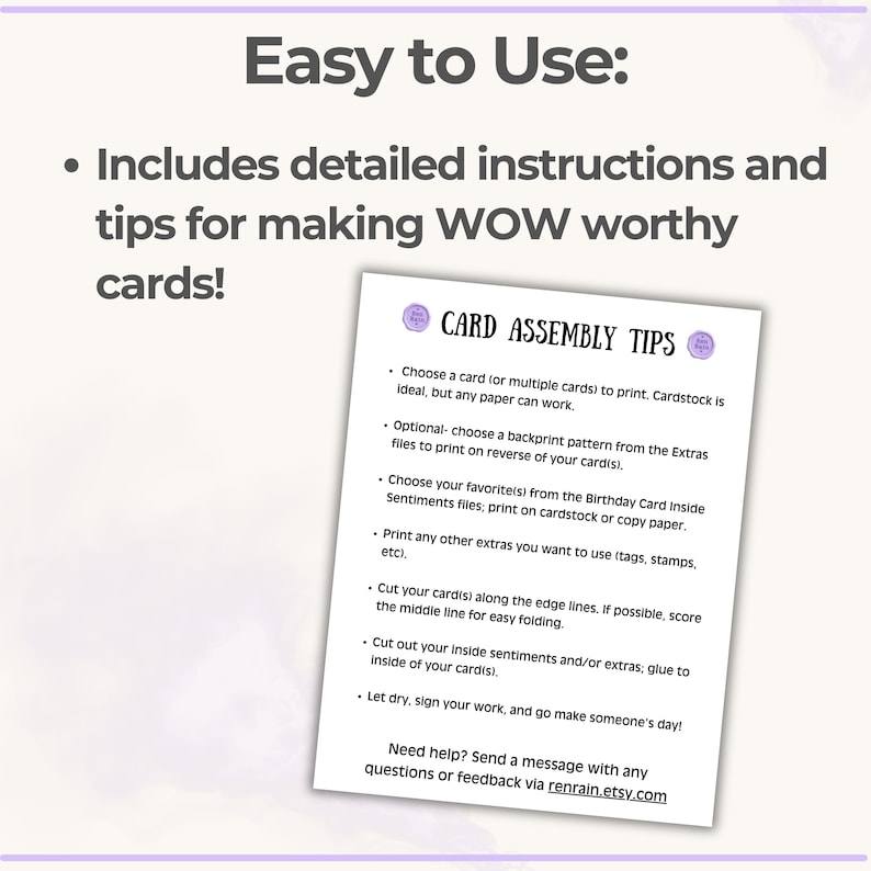 May include: Image with text: "Easy to Use: Includes detailed instructions and tips for making WOW worthy cards!" A white paper with "CARD ASSEMBLY TIPS" and instructions for card making. Includes instructions for printing, cutting, and assembling cards.