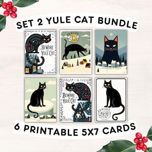 Set 2: afdrukbare kerstkaartenbundel van 6 kattenkerstkaarten (pdf-download)