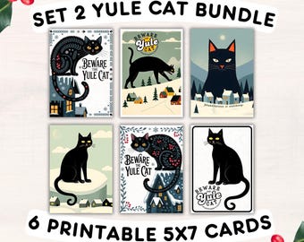 Set 2: Printable Yule Cat Card Bundle of 6 Cat Christmas Cards (PDF Download)