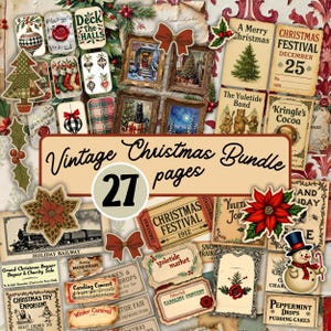 May include: A collection of vintage Christmas ephemera, including framed art, tags, and decorative elements. The image features a variety of festive designs, such as Christmas trees, snowmen, and holiday greetings. The text reads "Vintage Christmas Bundle" and "27 pages".